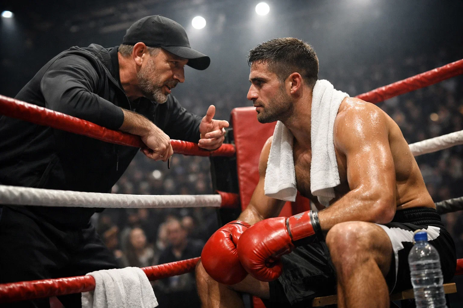 Entrenador de boxeo dando instrucciones a su púgil en la esquina del ring