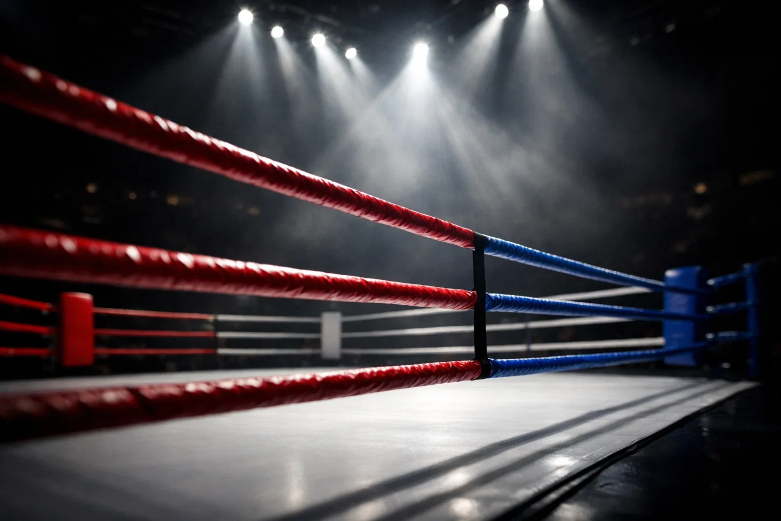 Ring de boxeo profesional iluminado bajo focos antes de un combate importante