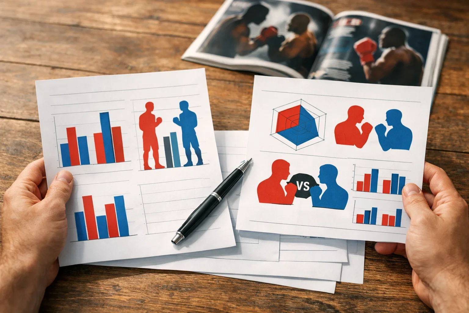 Persona analizando estadísticas y documentos sobre combates de boxeo