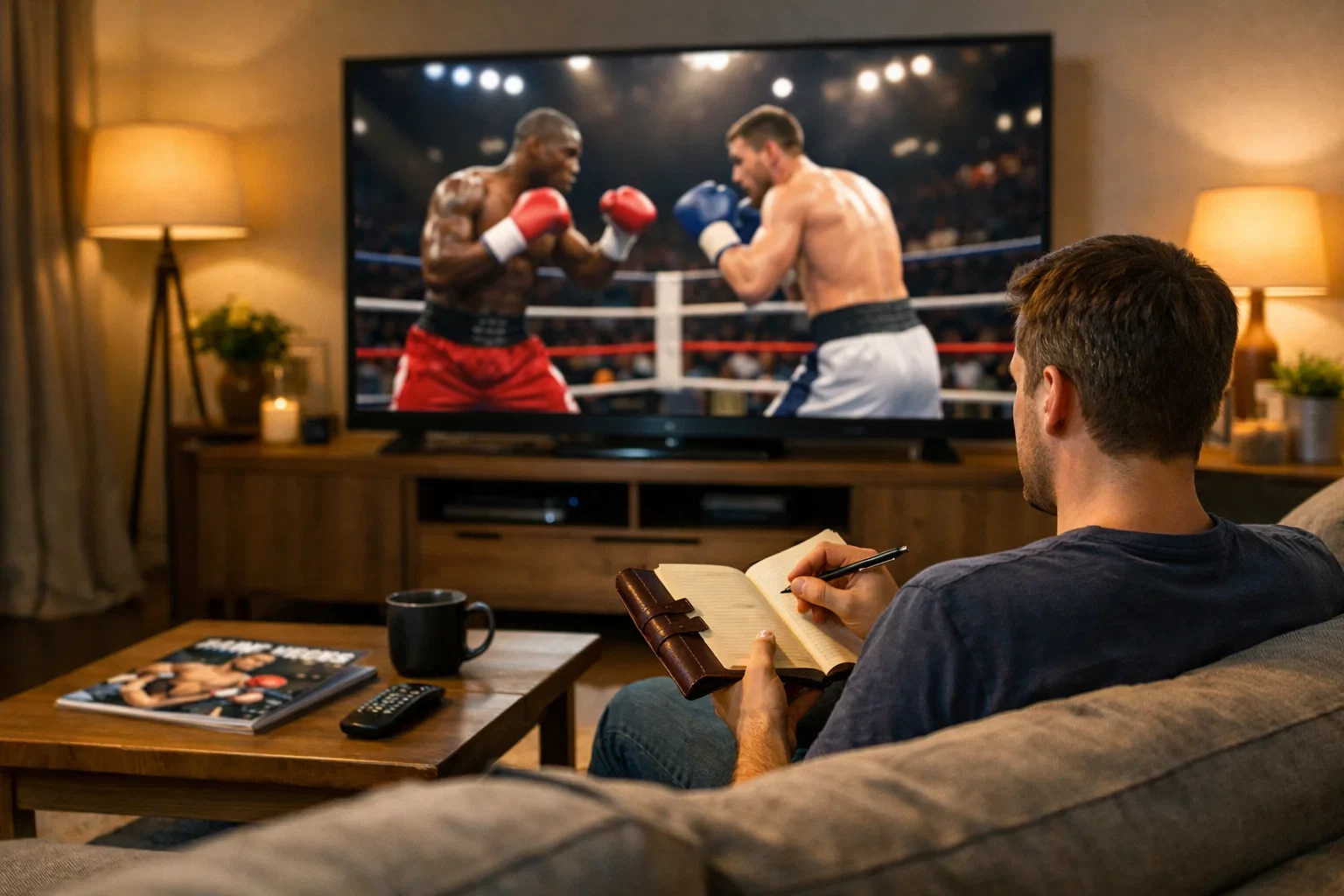 Aficionado viendo un combate de boxeo en televisión tomando notas en un cuaderno