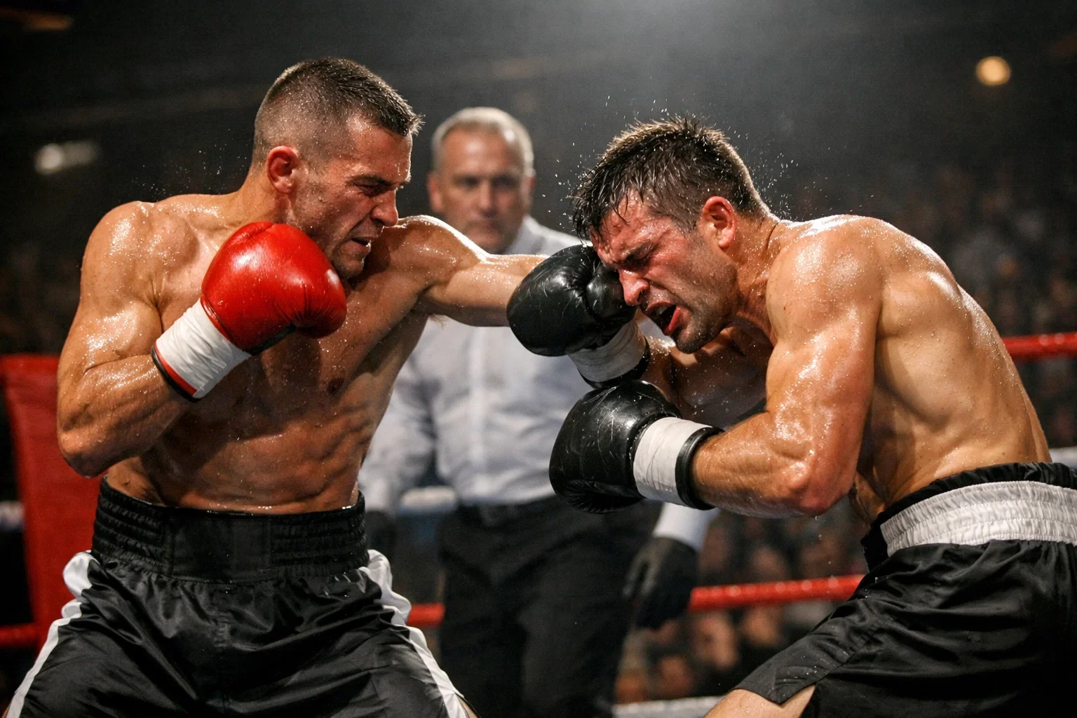Boxeadores en un combate clásico con público expectante en las gradas