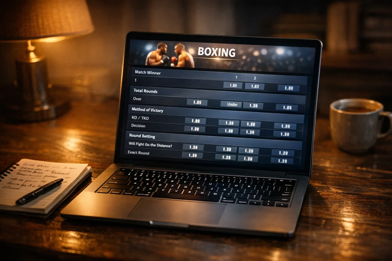 Pantalla de ordenador mostrando mercados de apuestas de un combate de boxeo