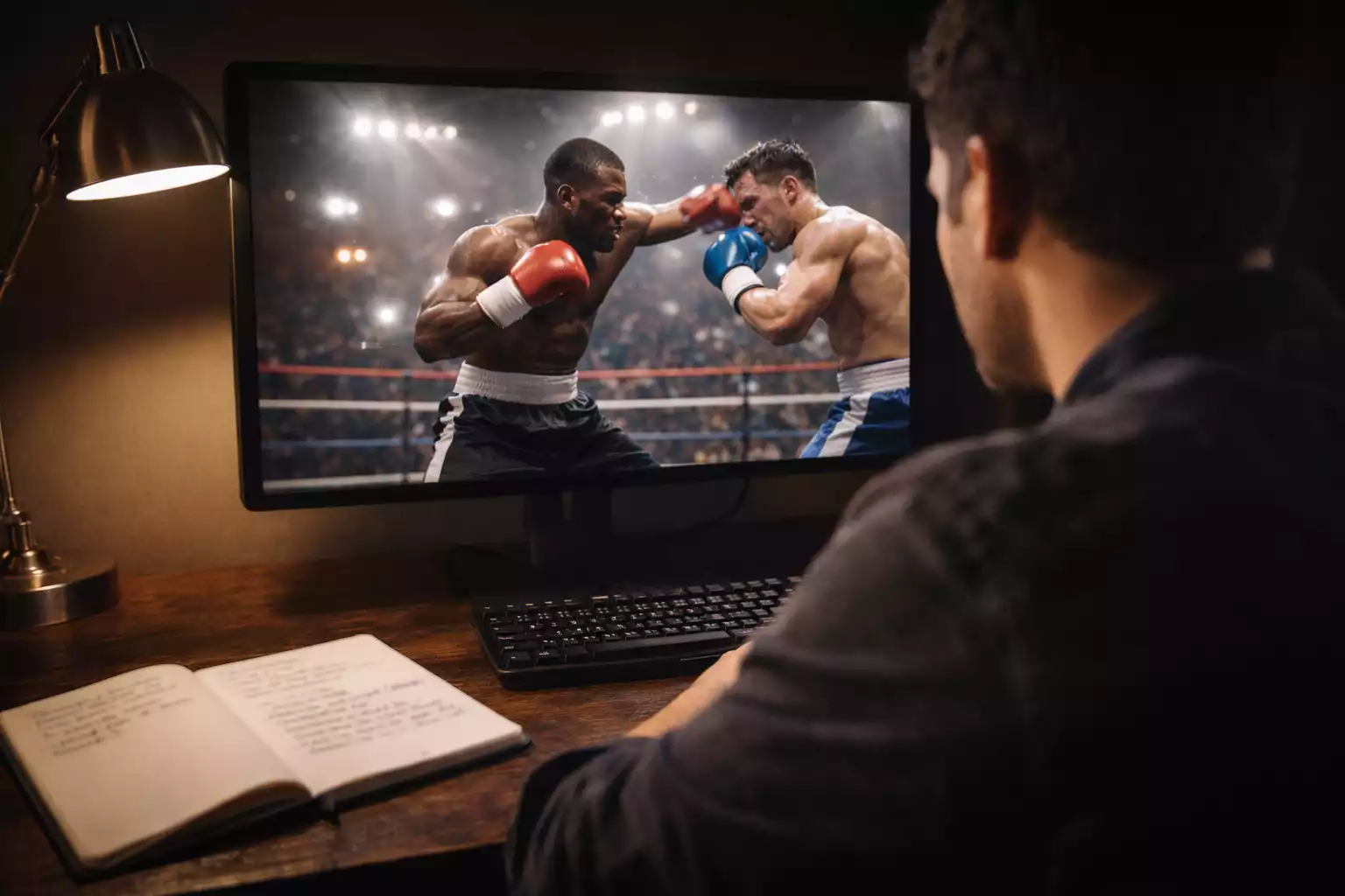 Persona estudiando grabaciones de combates de boxeo en una pantalla con apuntes