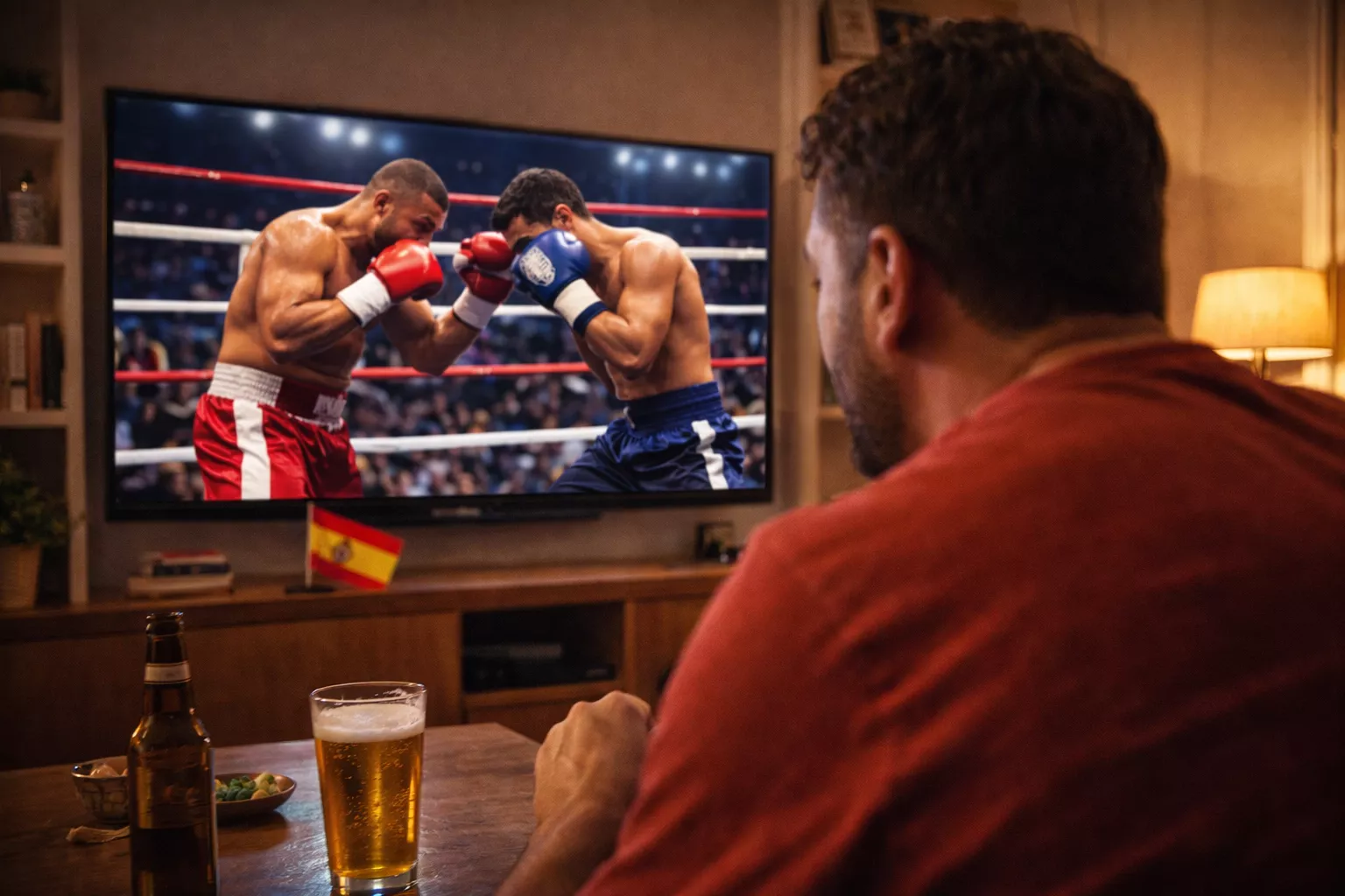 Aficionado español viendo un combate de boxeo en televisión desde su salón