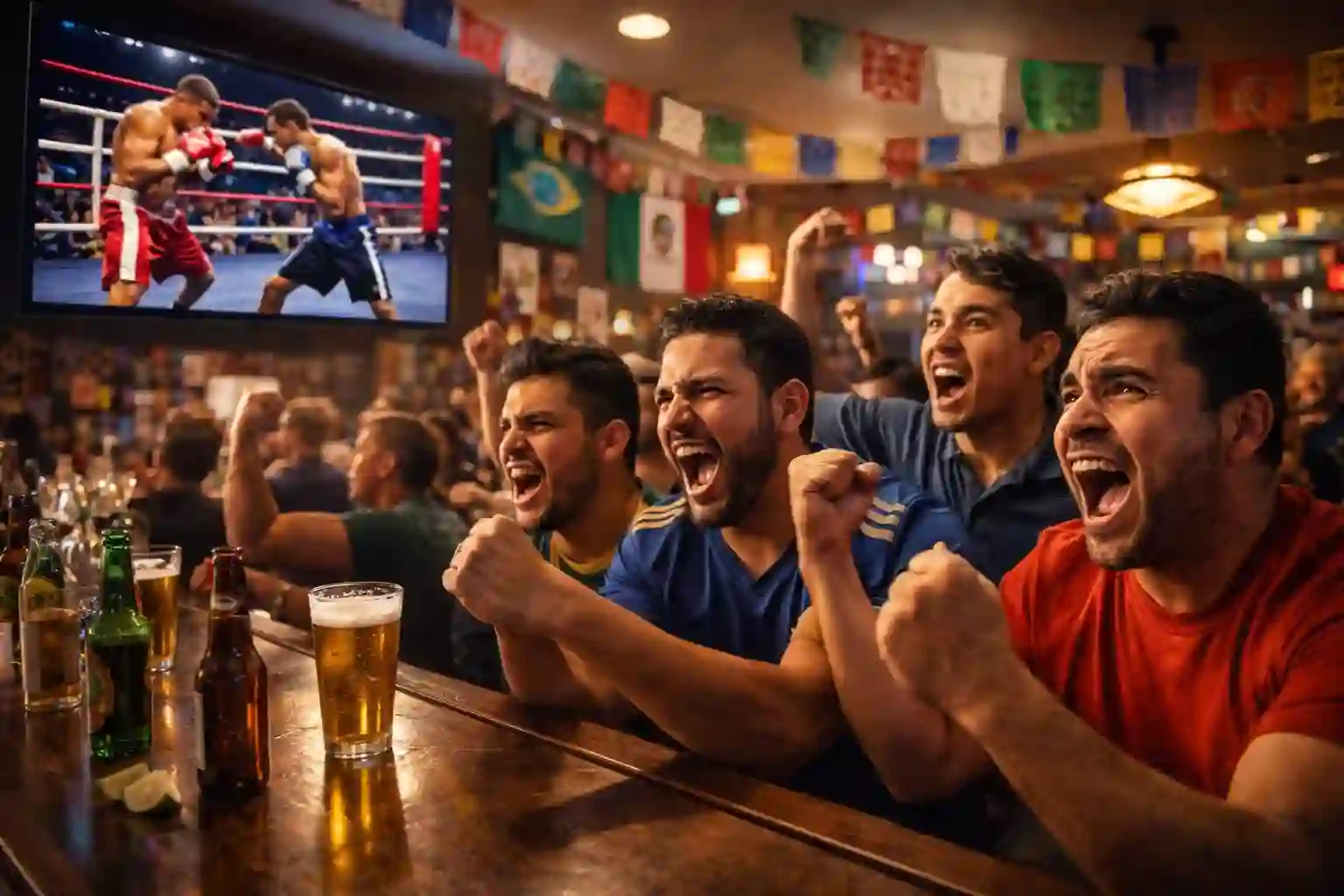 Aficionados latinoamericanos celebrando un combate de boxeo en un bar deportivo
