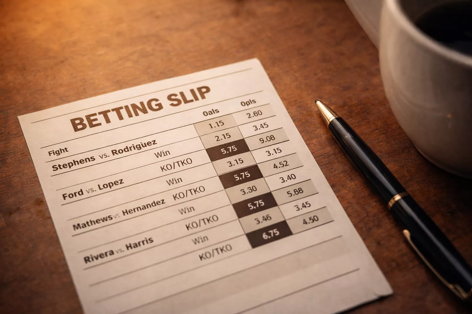 Boleto de apuestas con múltiples selecciones de boxeo sobre una mesa