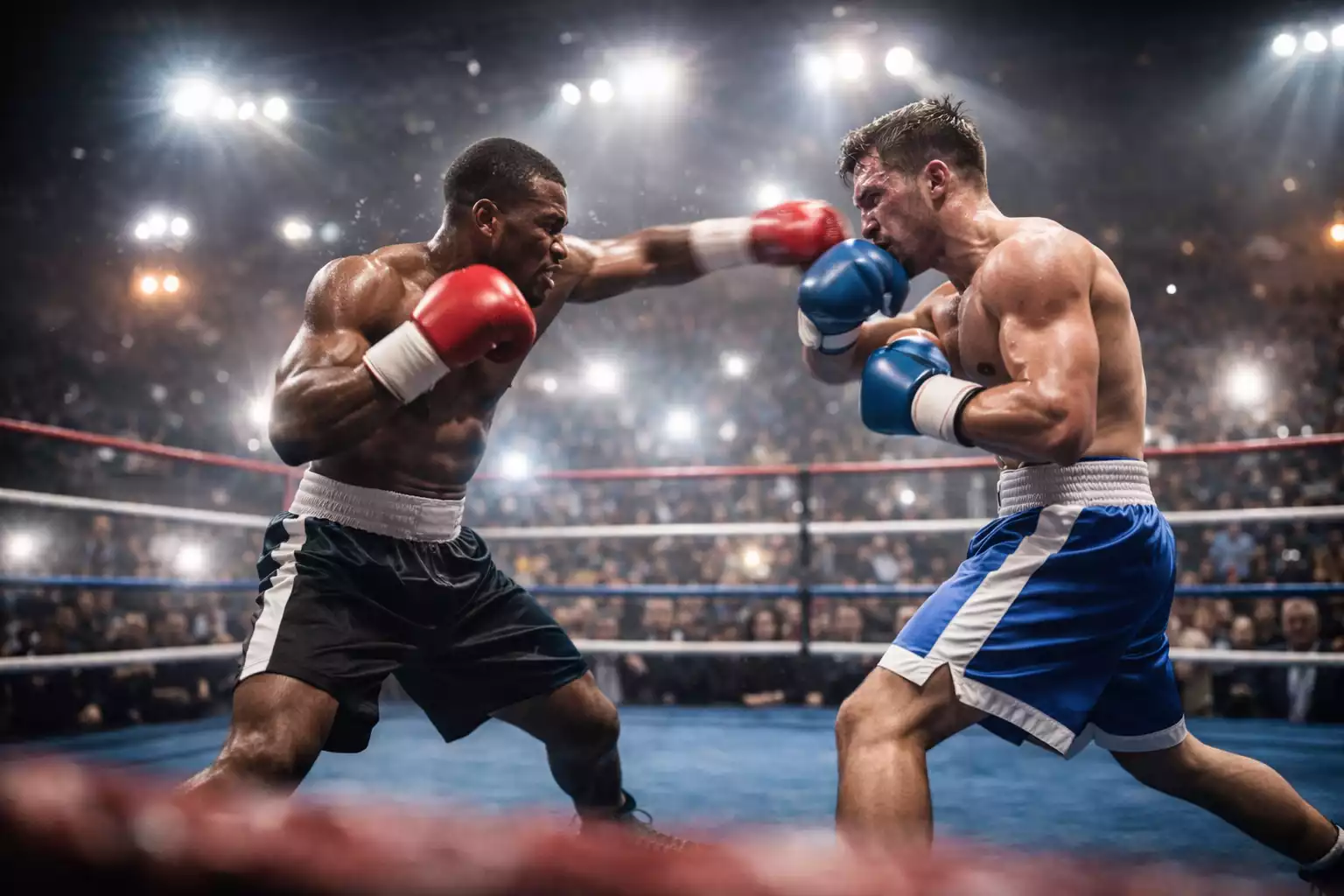 Combate de boxeo en curso visto desde la primera fila con público emocionado