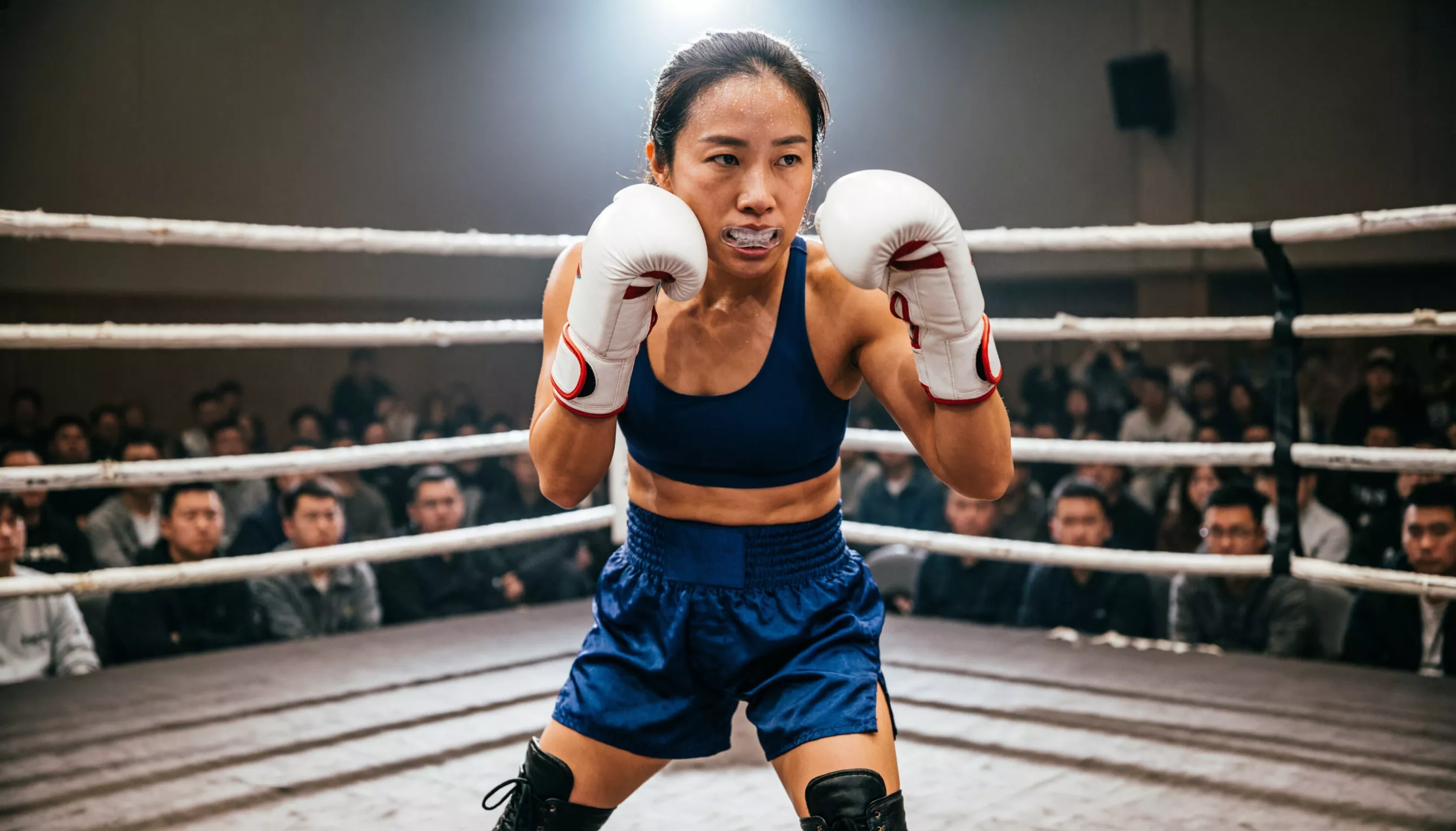 Boxeadora profesional en guardia alta dentro del ring con iluminación dramática