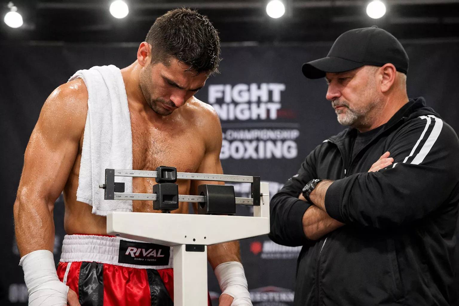 Boxeador en sesión de pesaje mirando la báscula mientras su entrenador observa