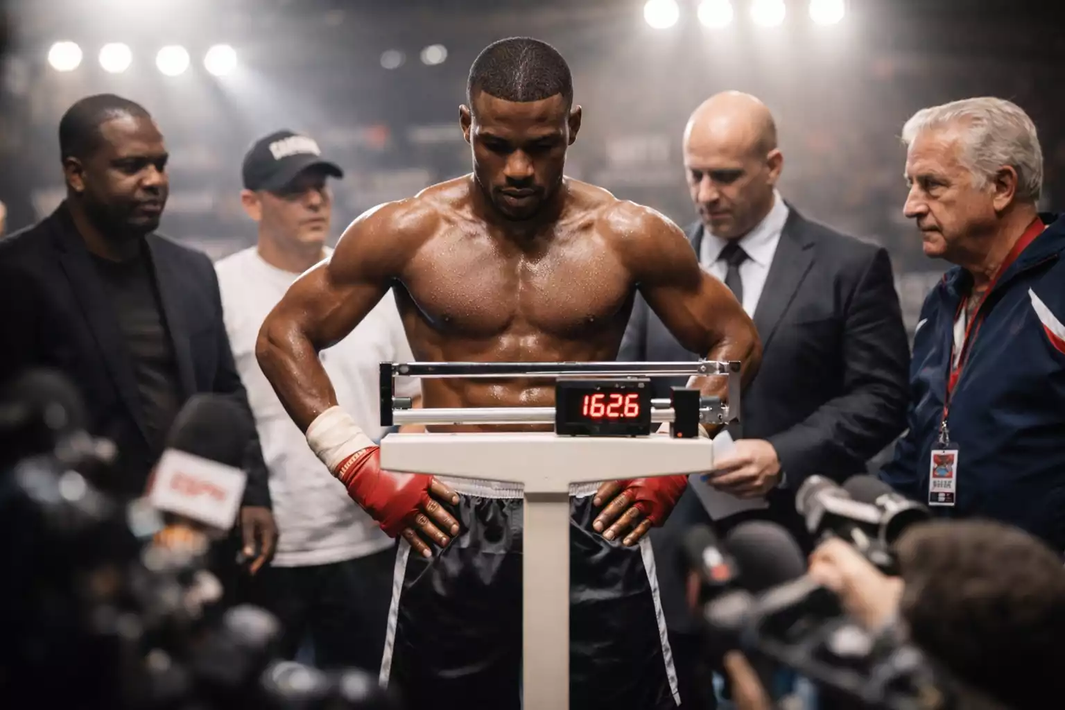 Boxeador en la báscula de pesaje oficial con su equipo alrededor