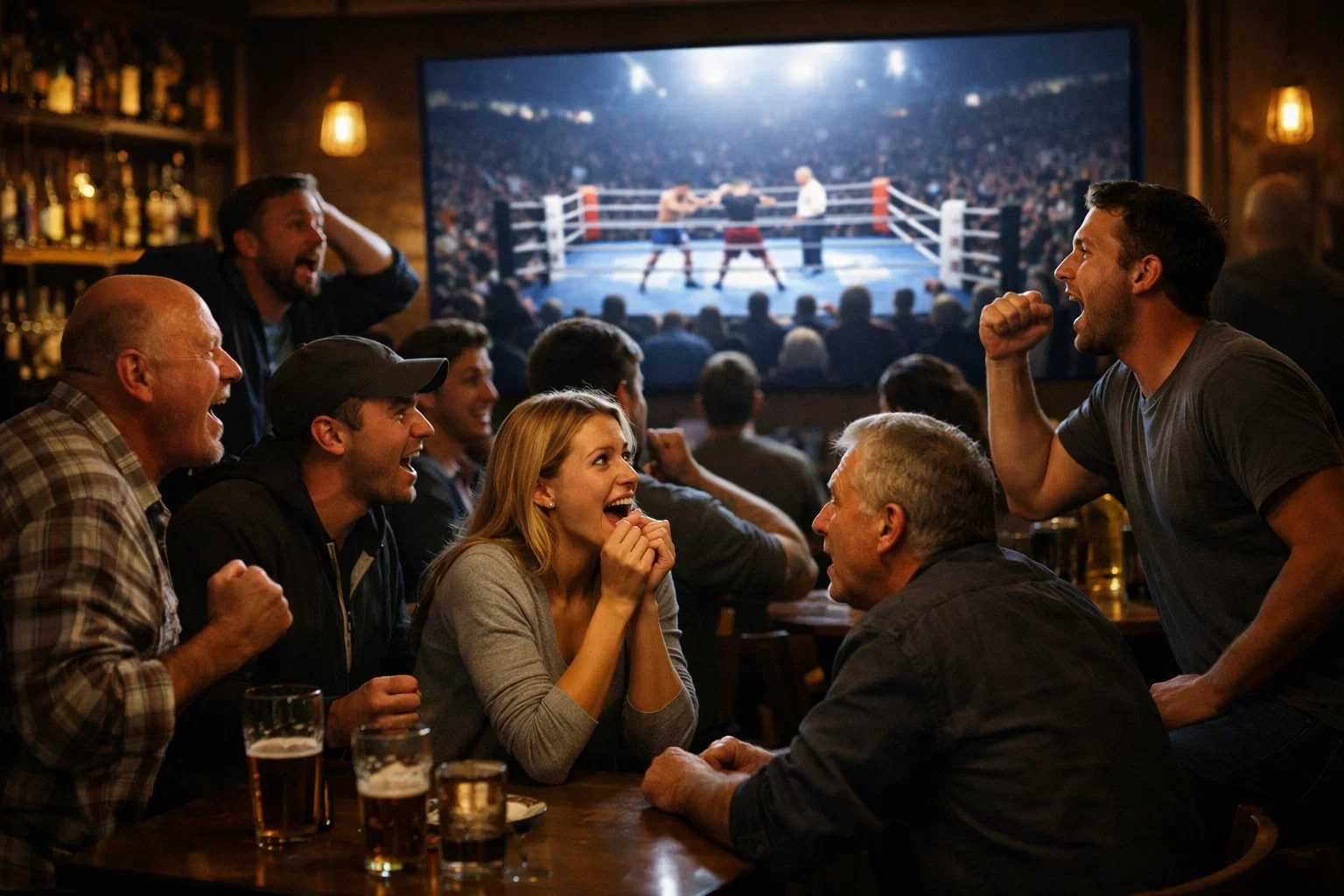 Público viendo un combate de boxeo en pantalla gigante