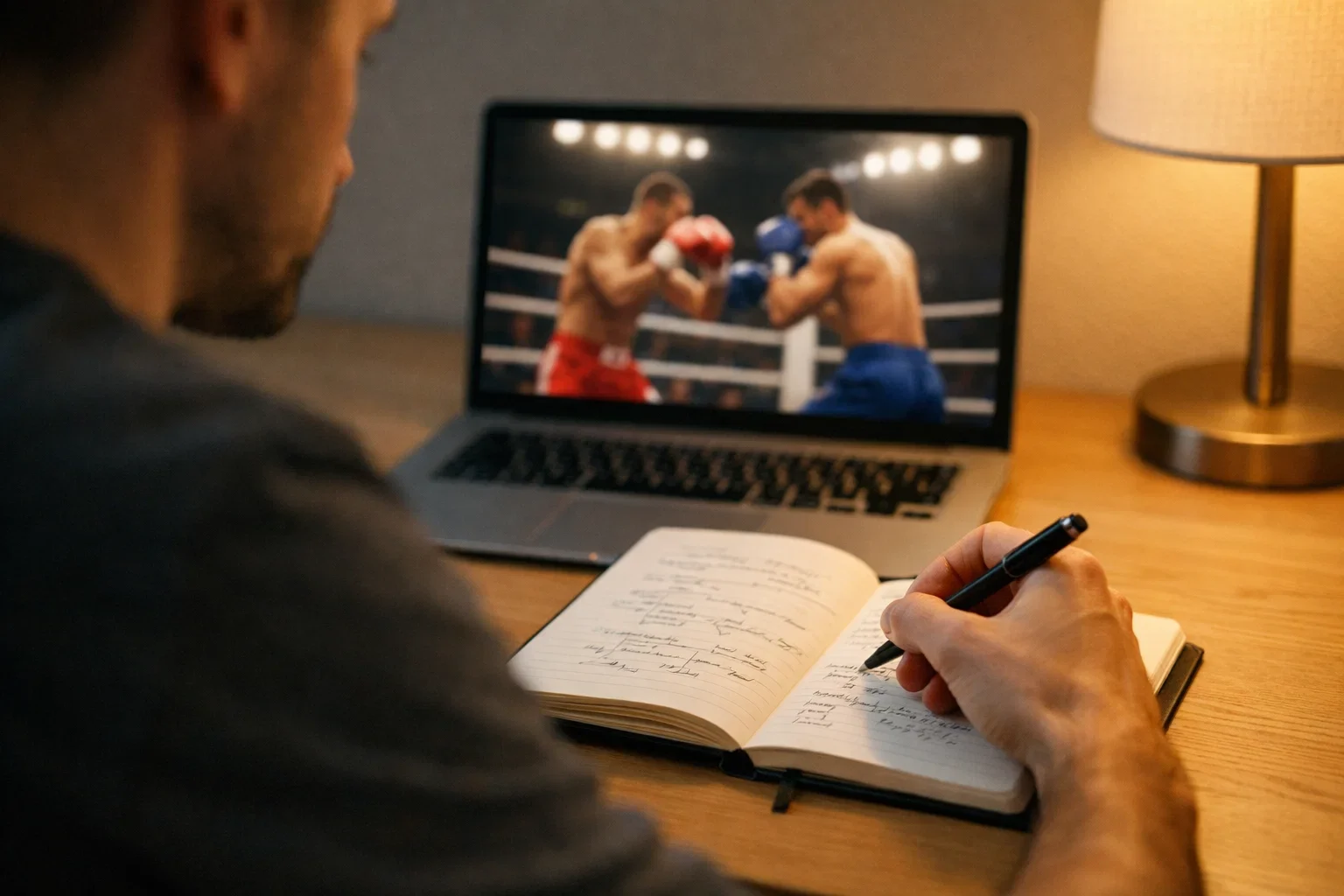 Persona tomando notas mientras analiza un combate de boxeo