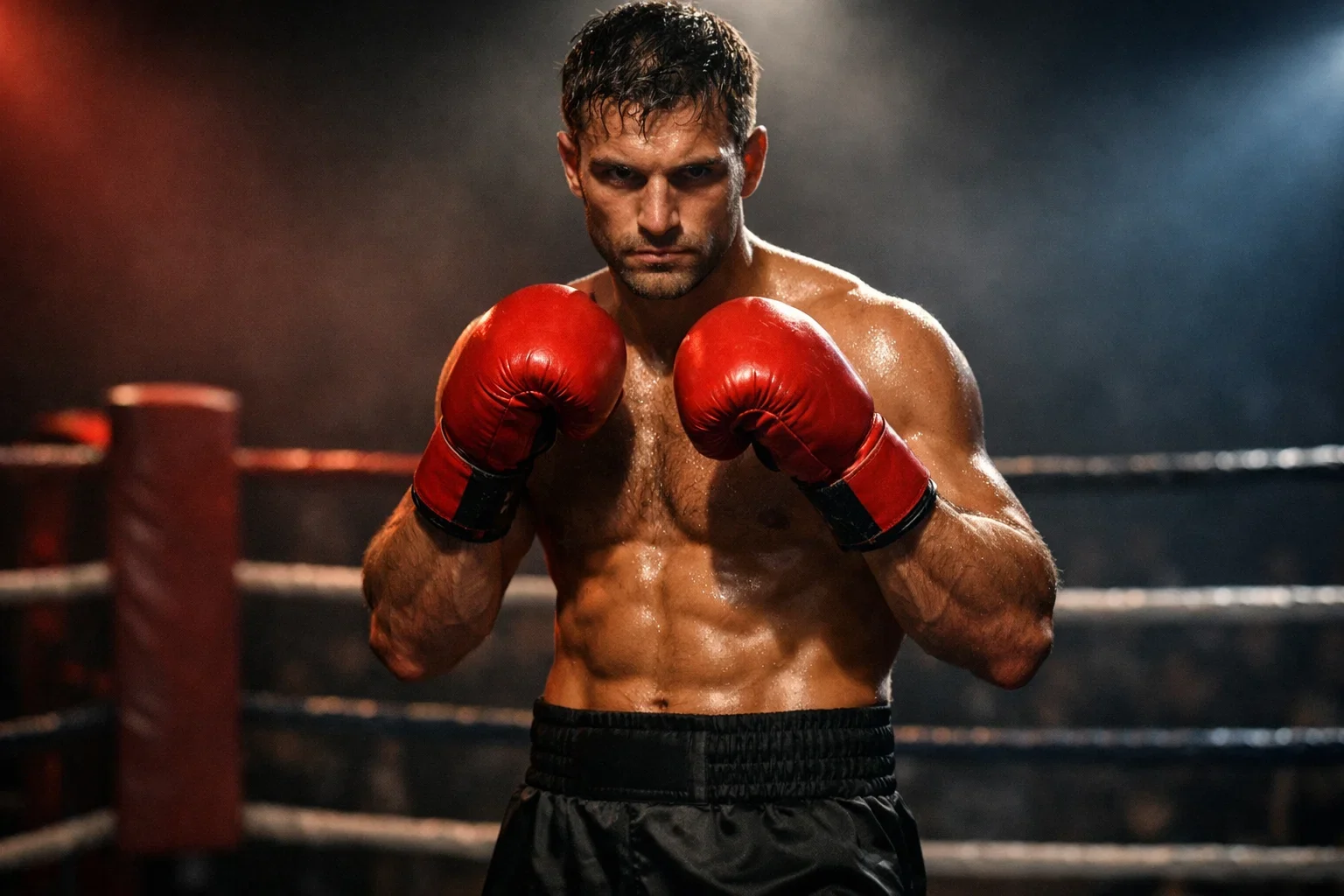 Boxeador profesional en guardia dentro del ring iluminado