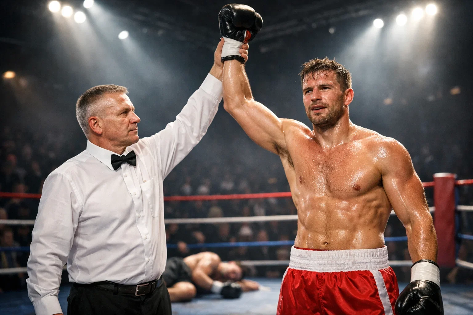 Árbitro levantando el brazo del boxeador ganador por nocaut
