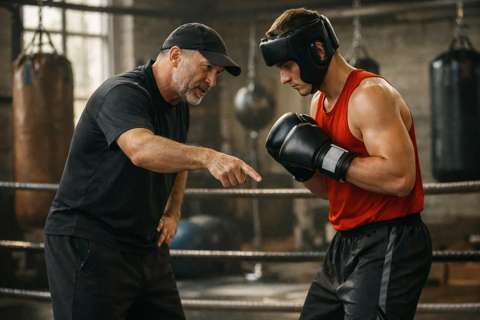 Entrenador analizando técnicas de boxeo con su pupilo
