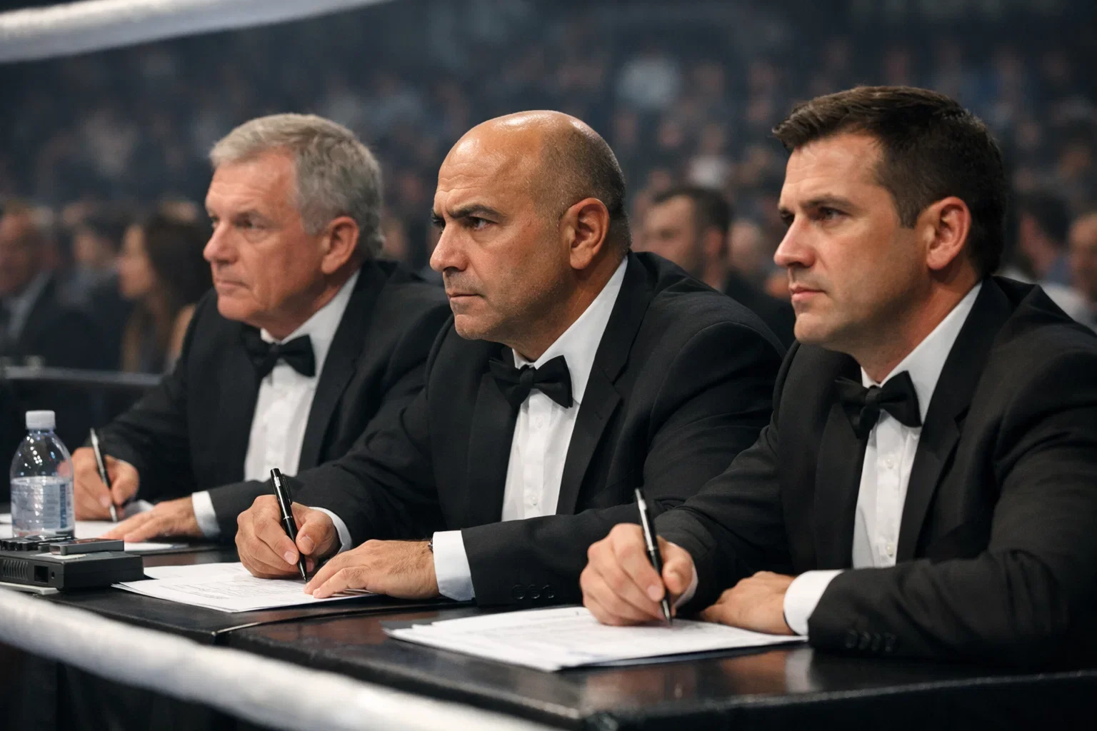 Jueces de boxeo tomando notas junto al ring