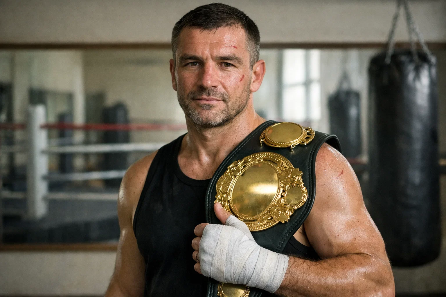 Boxeador veterano con cinturón de campeón en el gimnasio