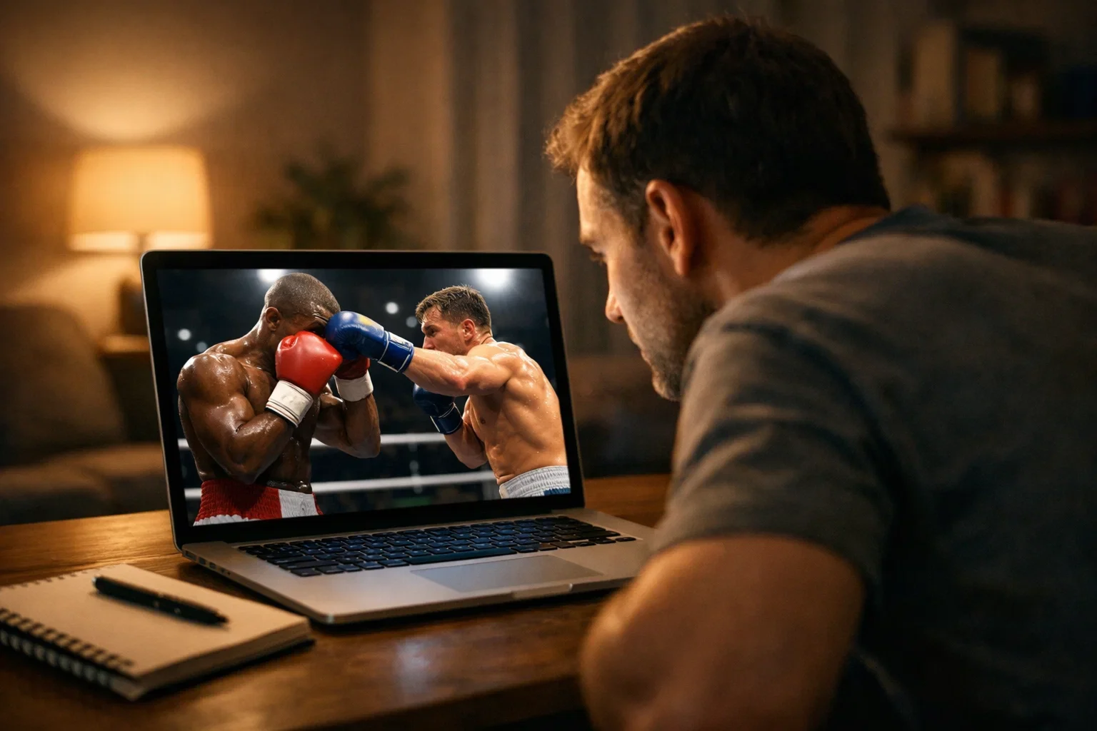 Persona viendo repeticiones de combates de boxeo en portátil