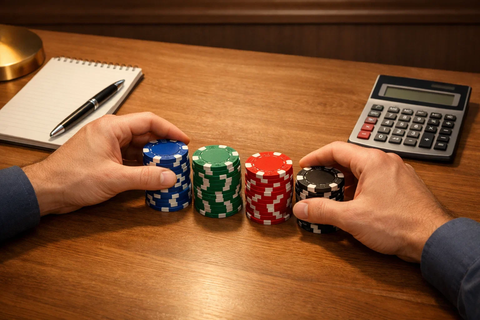 Persona organizando fichas y tomando notas en escritorio