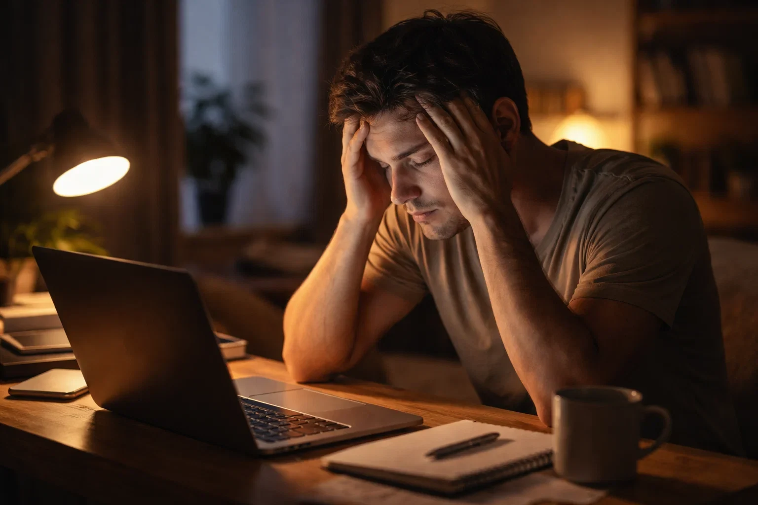 Persona frustrada con las manos en la cabeza frente a pantalla