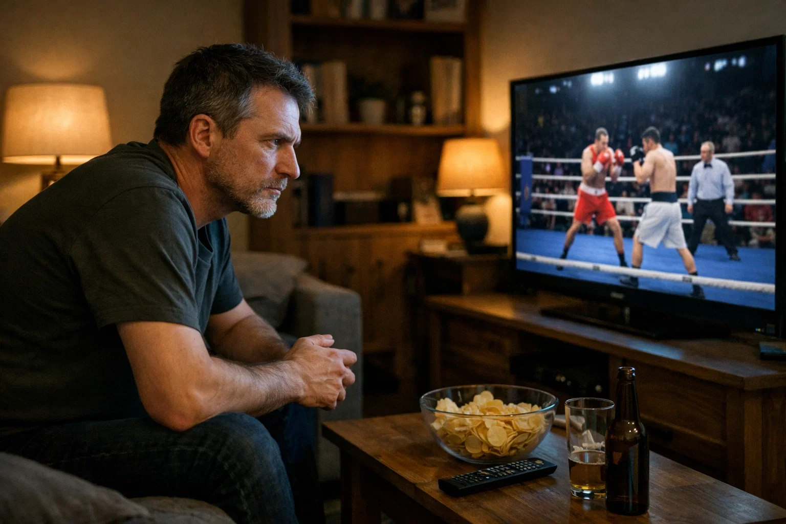 Aficionado viendo atentamente un combate de boxeo en televisión