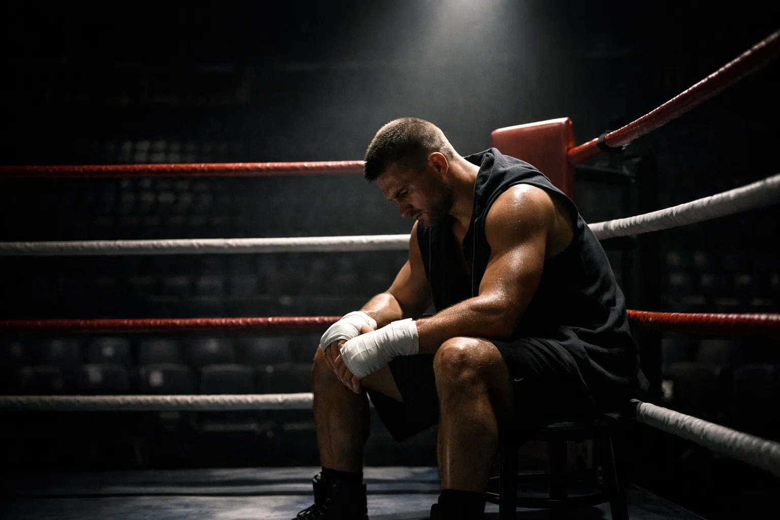 Boxeador concentrado preparándose mentalmente antes de pelear