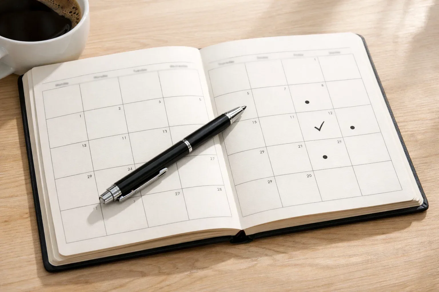 Agenda abierta con planificación mensual y bolígrafo