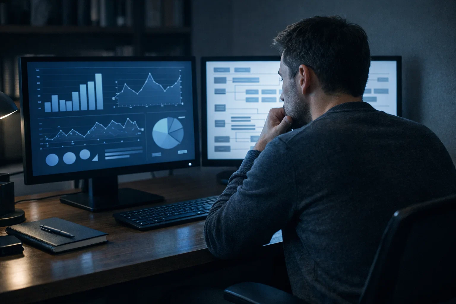 Persona comparando información en múltiples pantallas