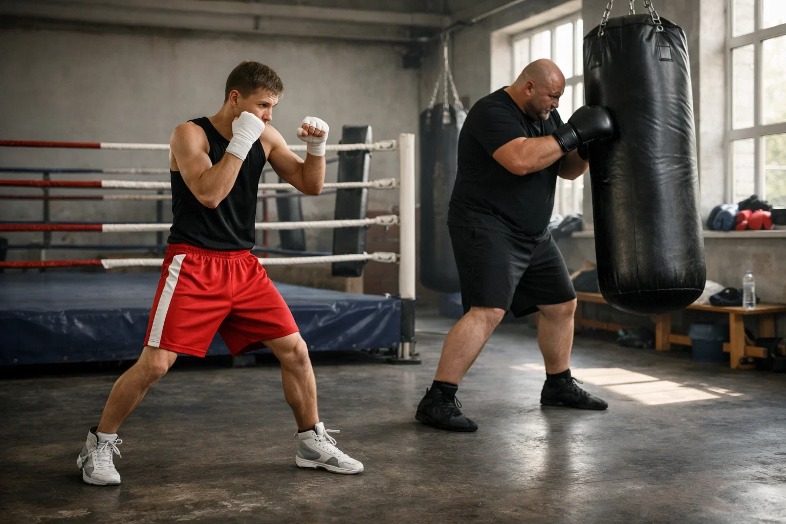 Boxeadores de diferentes categorías de peso en el gimnasio