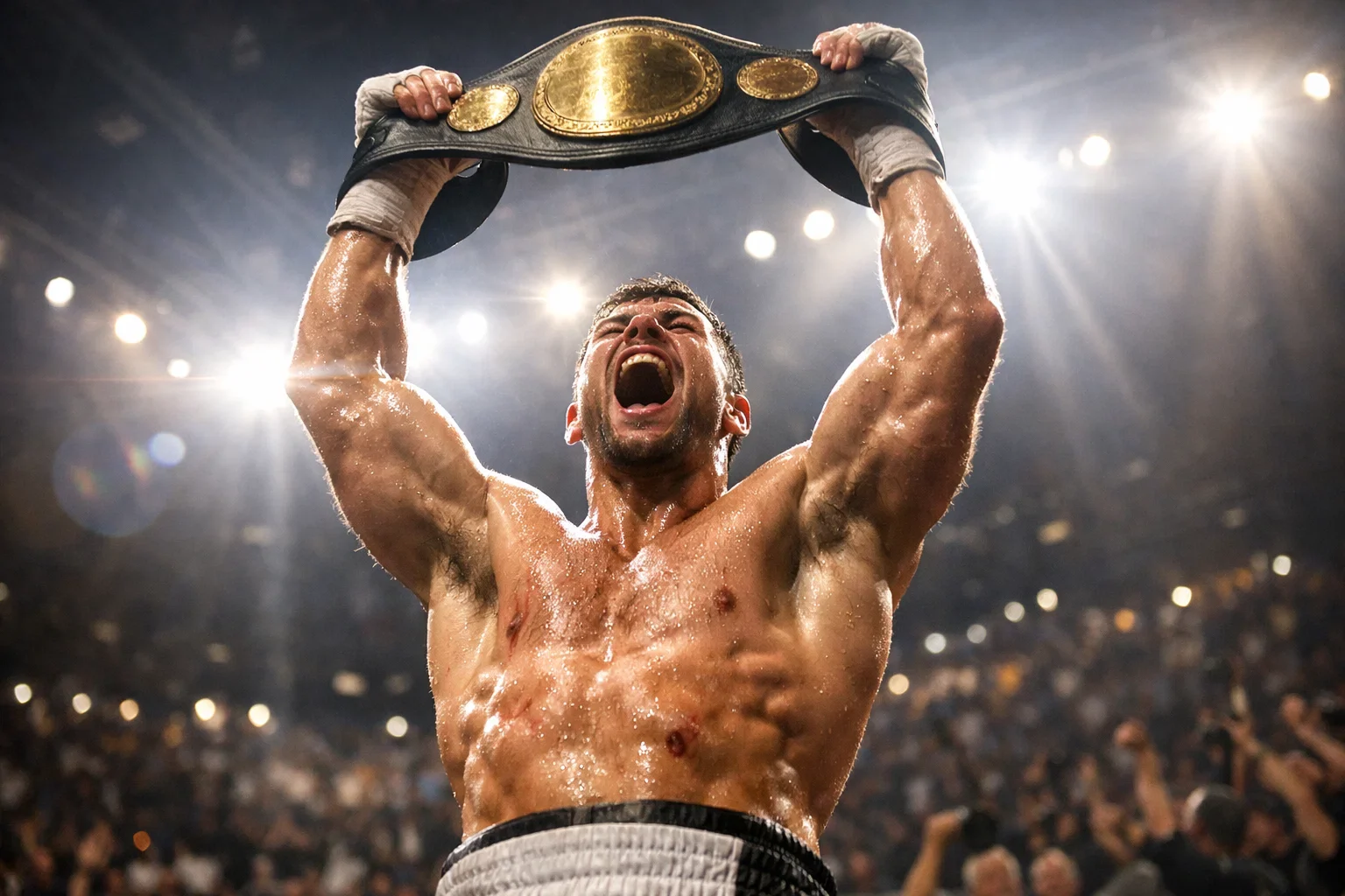 Boxeador campeón levantando su cinturón en victoria