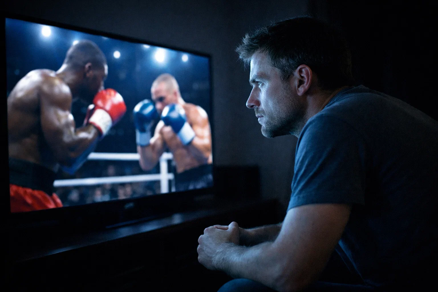 Aficionado concentrado viendo boxeo en televisión de noche