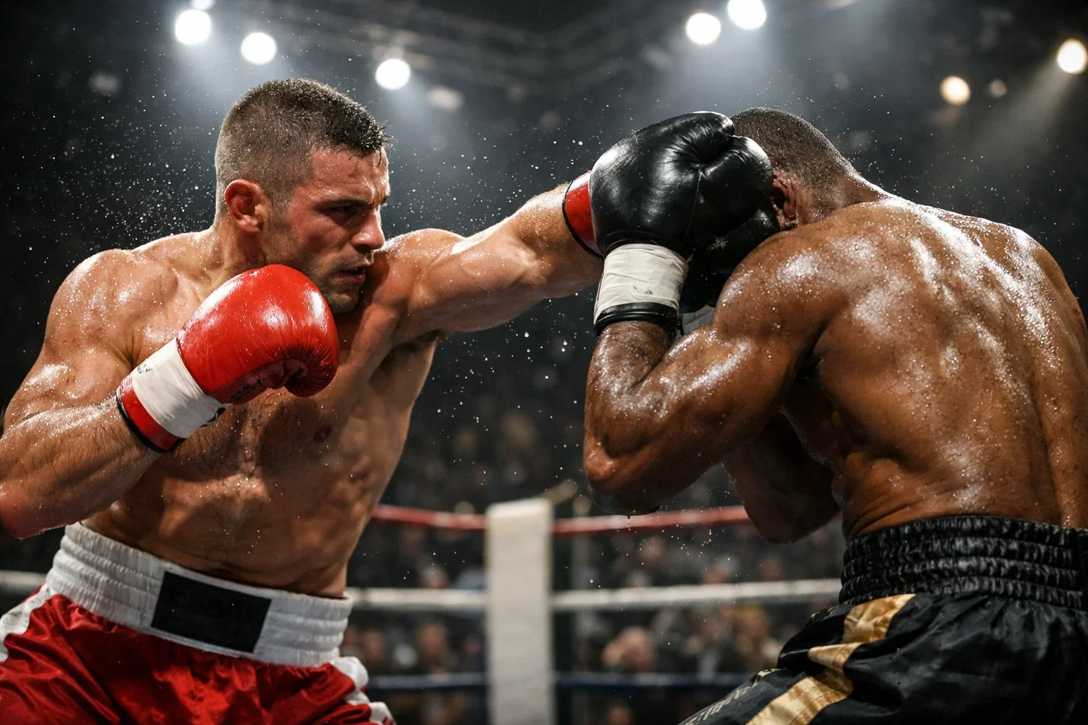 Combate de boxeo en plena acción bajo los focos del ring