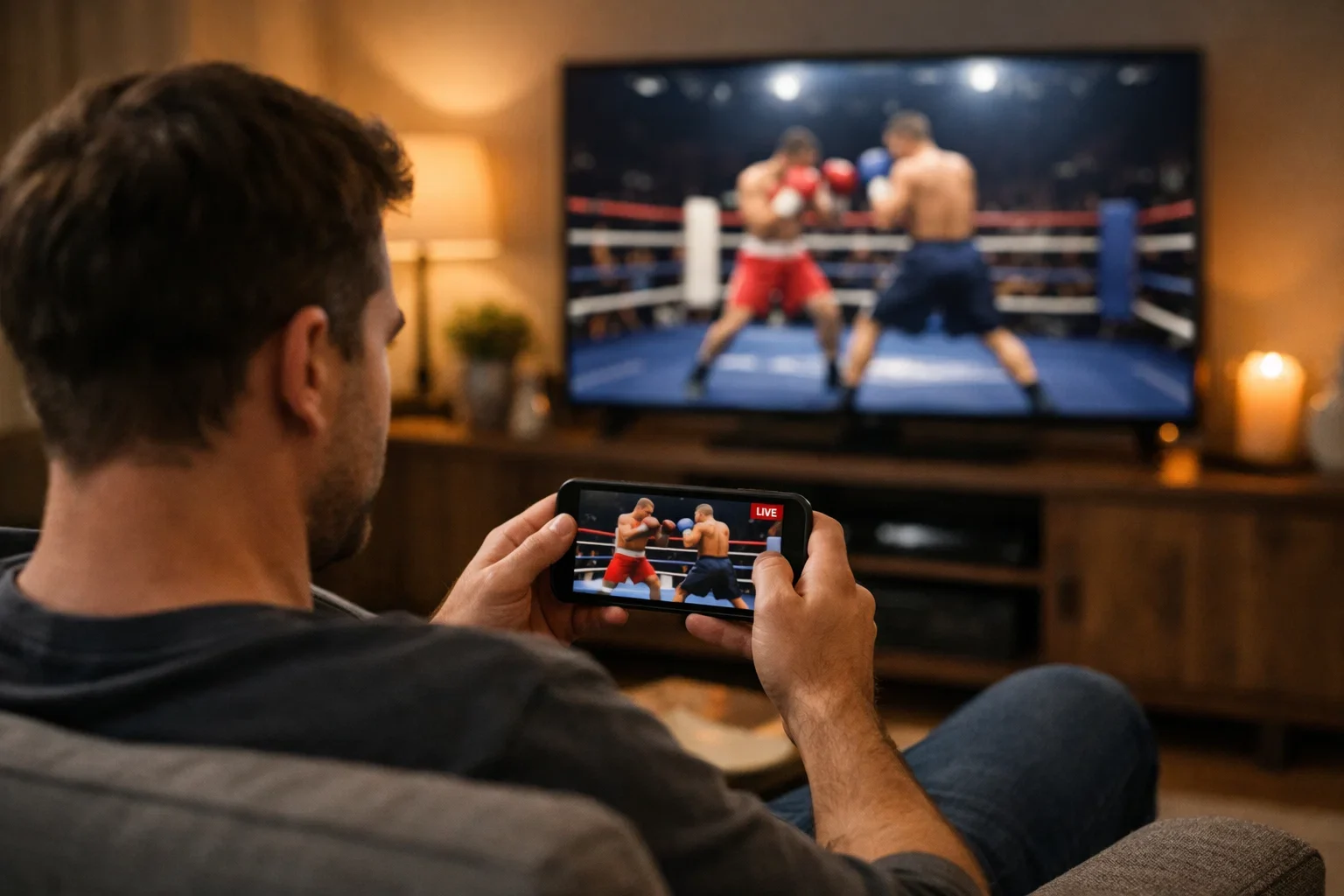 Persona siguiendo combate de boxeo en dispositivo móvil