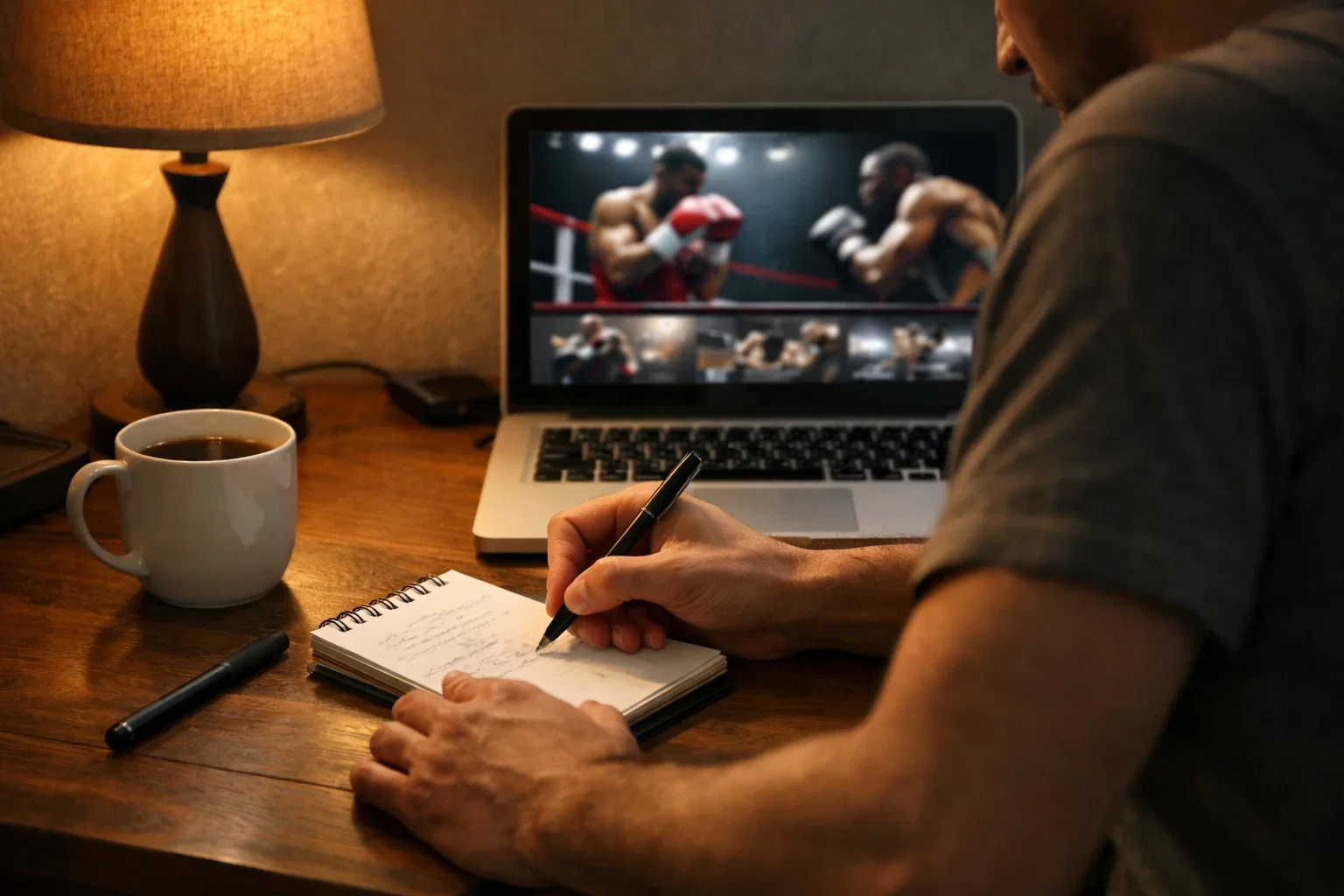 Persona preparando notas antes de un combate de boxeo