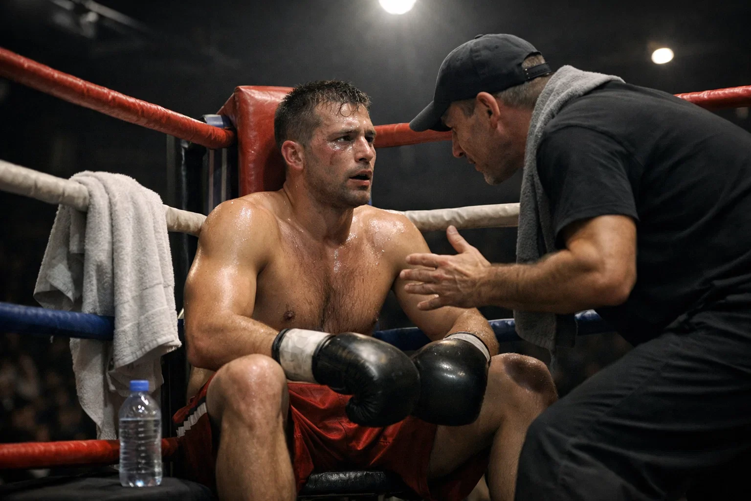 Boxeador cansado recibiendo instrucciones de su entrenador en la esquina