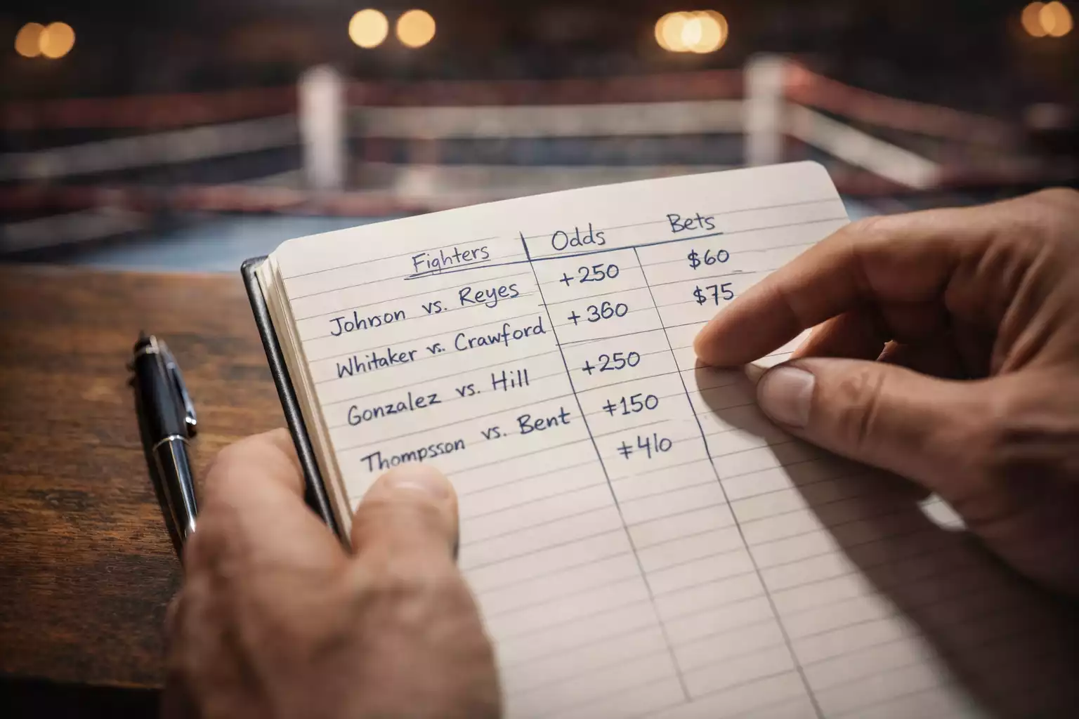 Persona analizando cifras de cuotas deportivas en una libreta junto a un ring de boxeo