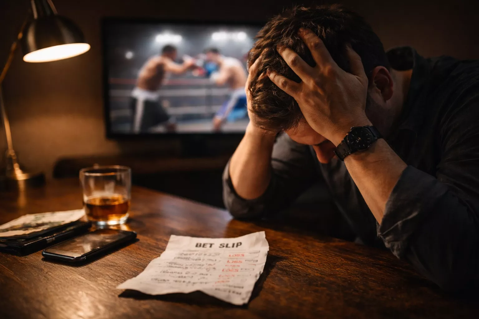 Apostador frustrado con la cabeza entre las manos frente a un boleto de apuestas