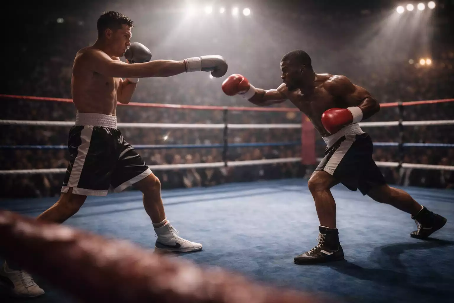 Dos boxeadores con estilos contrastantes enfrentándose en el ring bajo focos