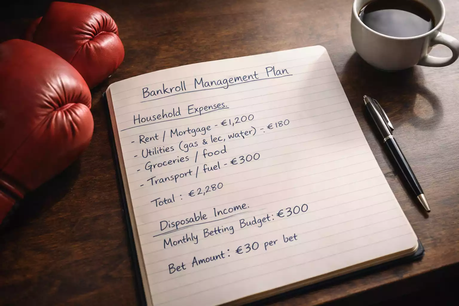 Persona organizando fichas y una libreta de control financiero junto a guantes de boxeo