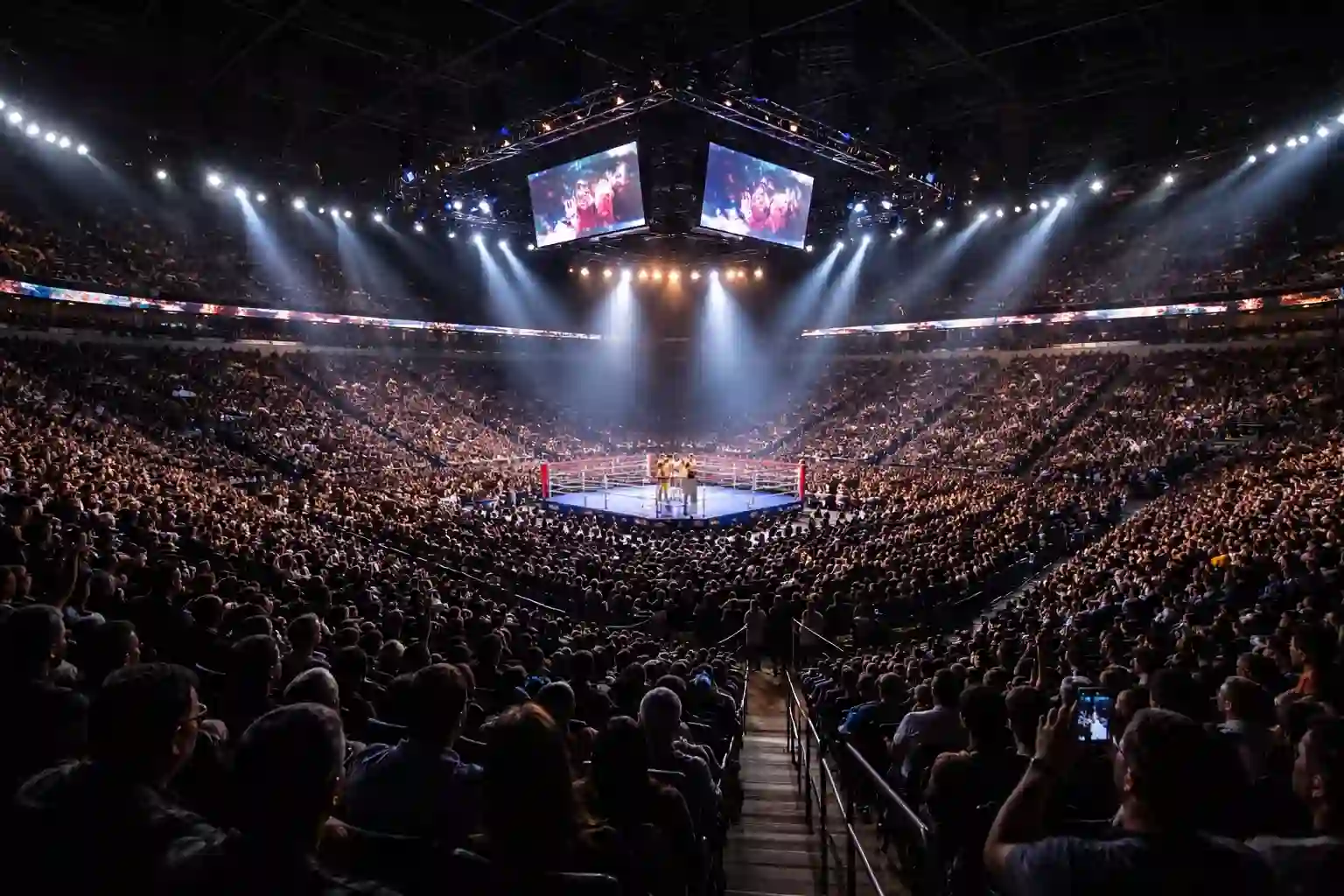 Arena llena de espectadores para una gran velada de boxeo con el ring iluminado al centro