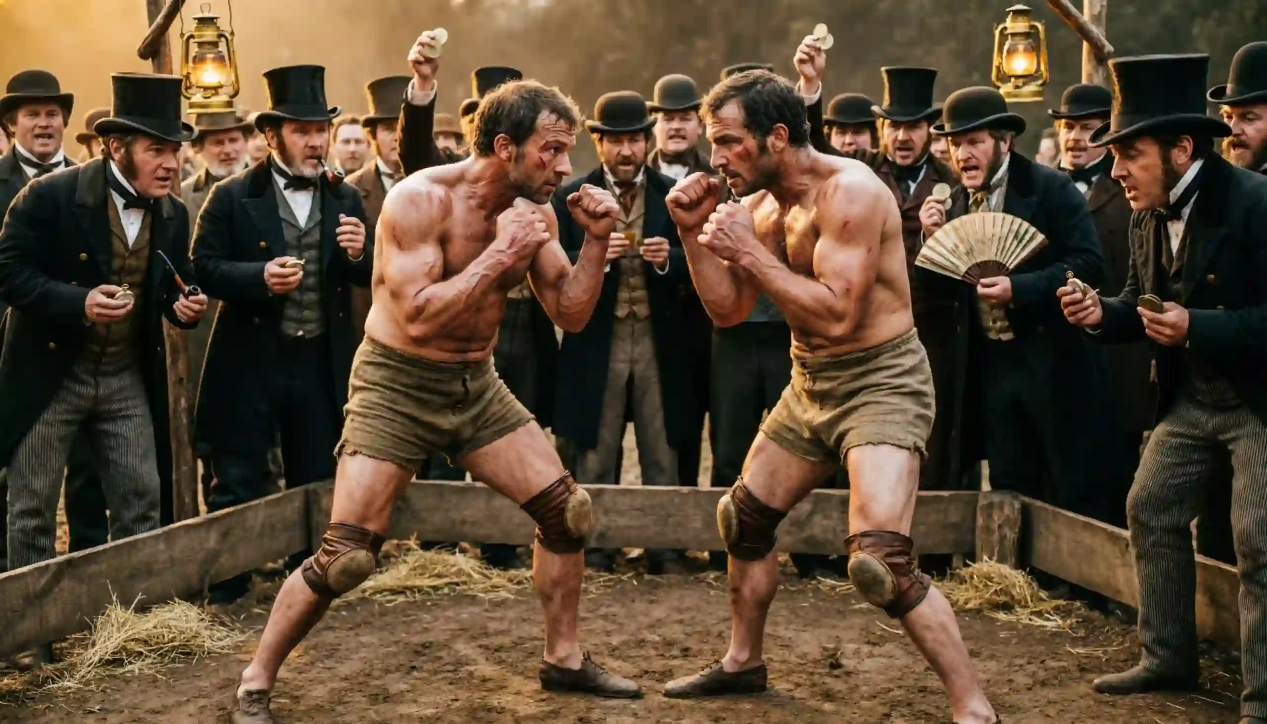 Ilustración de un combate de boxeo clásico del siglo XIX con espectadores apostando