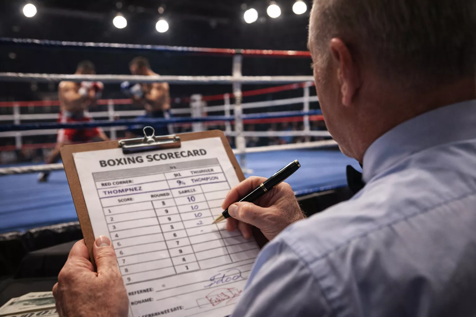 Juez de boxeo sentado al lado del ring anotando puntuaciones en su tarjeta