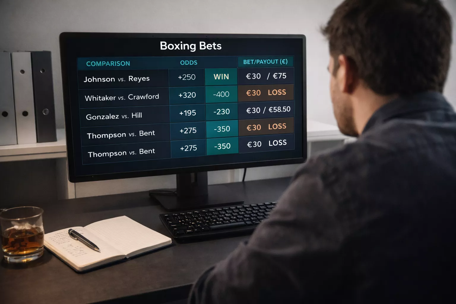Pantalla de ordenador mostrando múltiples cuotas de boxeo con persona comparando opciones