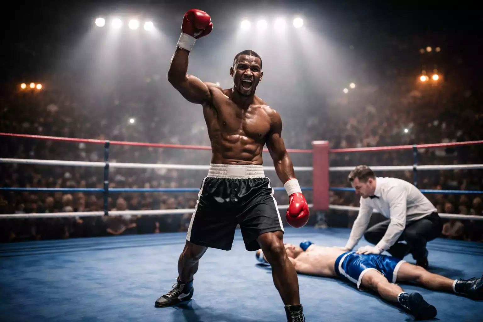 Boxeador celebrando un nocaut con el brazo en alto mientras el réferi cuenta