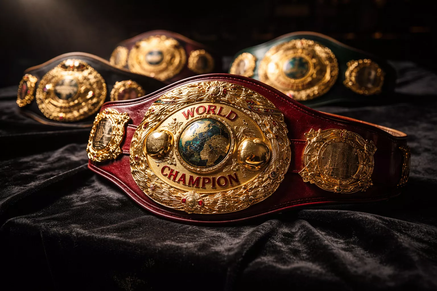 Cinturones de campeón mundial de boxeo expuestos bajo focos en una vitrina