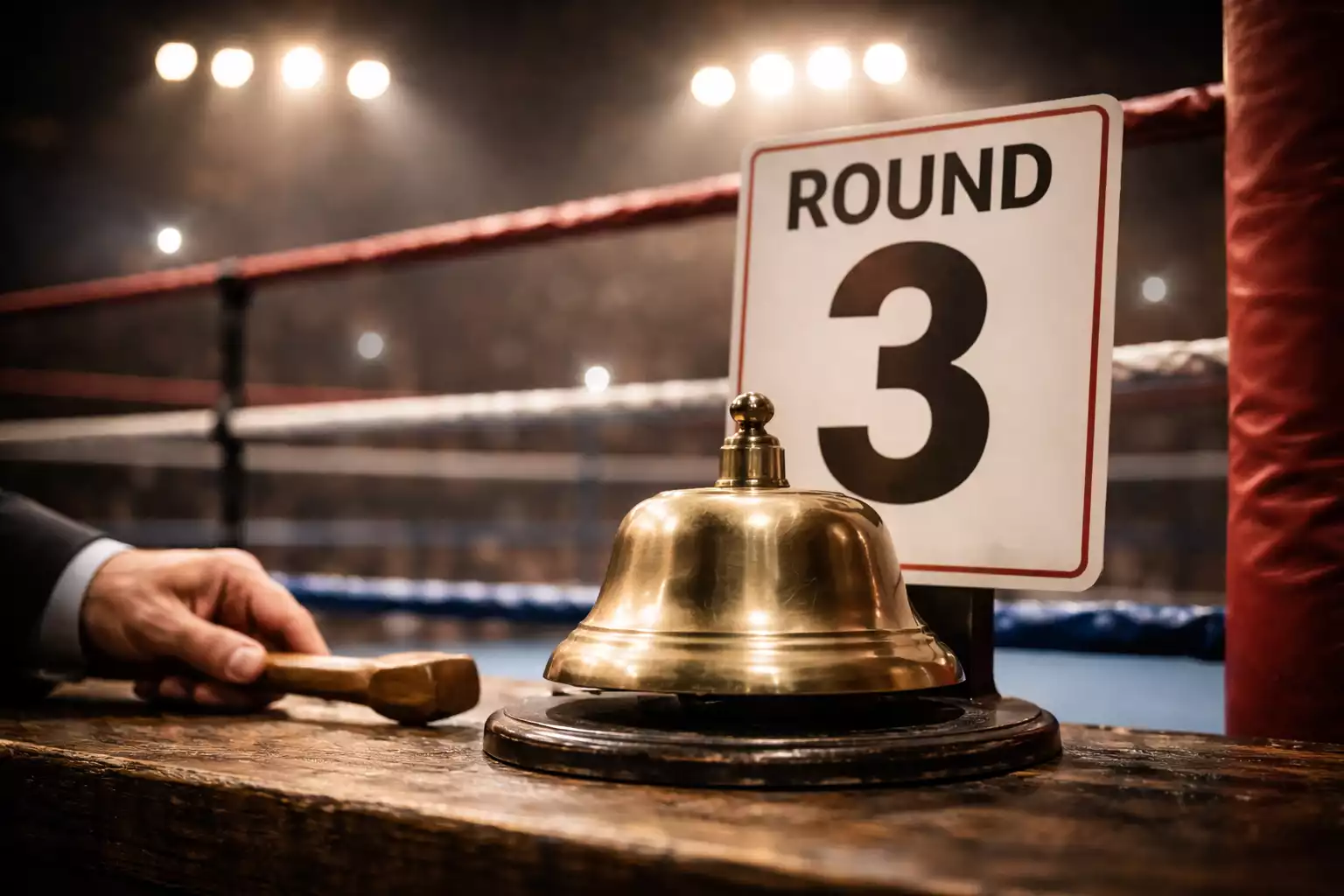 Campana de ring de boxeo y cartel de número de round iluminado bajo focos del arena