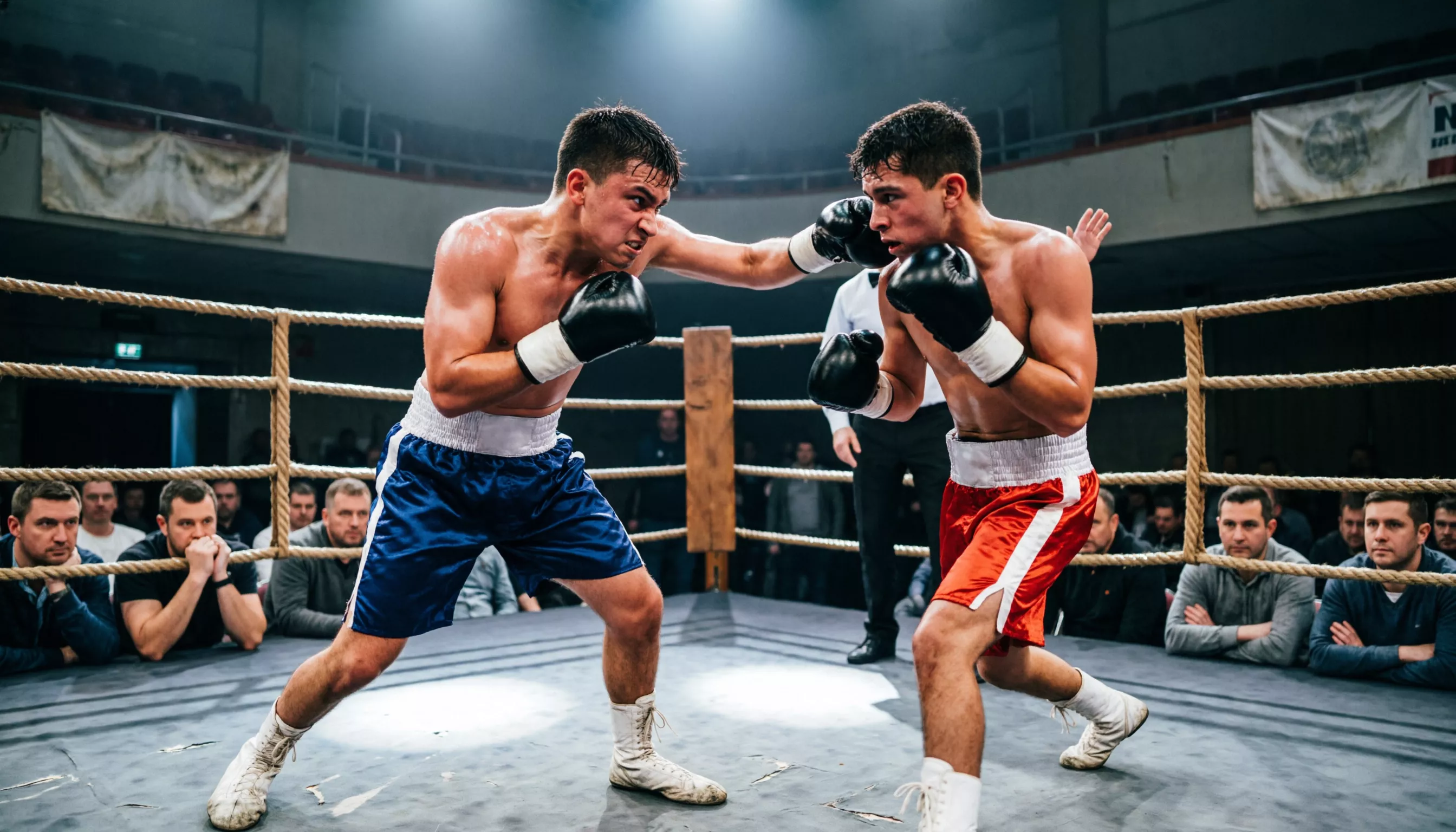 Ring de boxeo con pelea preliminar en curso ante gradas medio vacías del arena