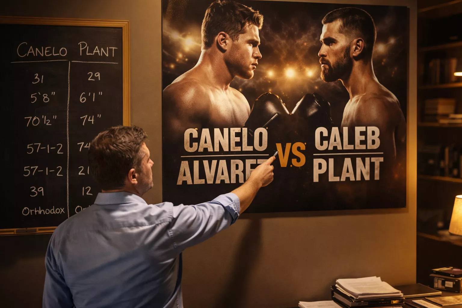 Analista deportivo señalando un cartel de combate de boxeo con estadísticas escritas