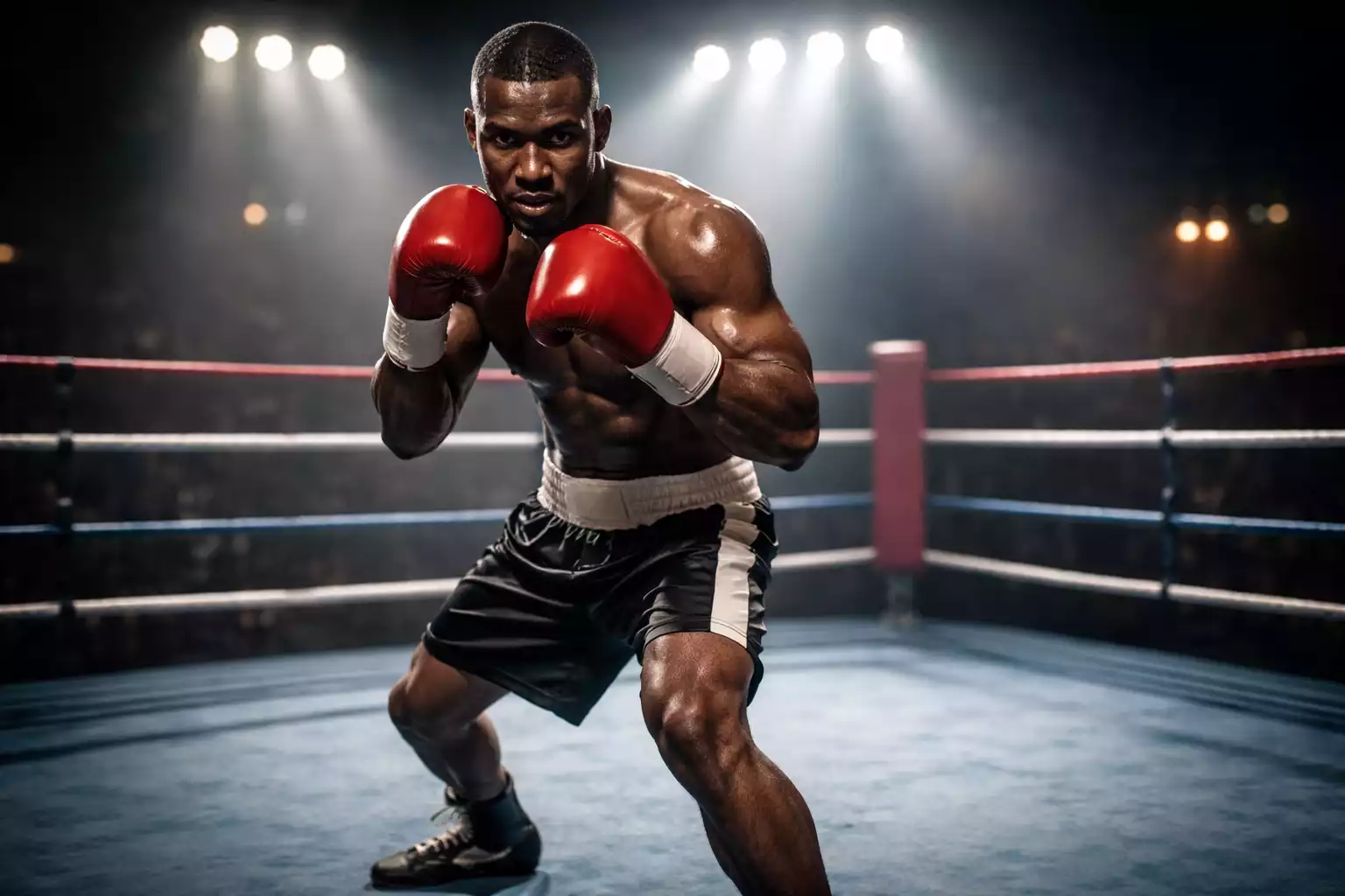 Boxeador profesional en posición de guardia dentro del cuadrilátero bajo focos intensos